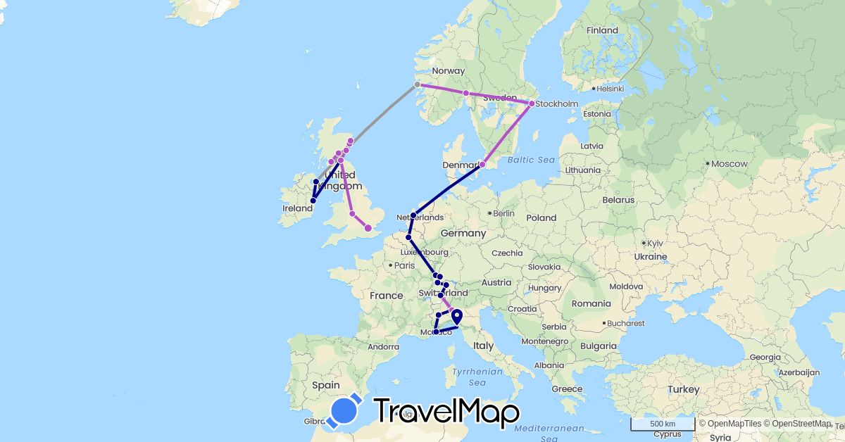 TravelMap itinerary: driving, plane, train in Belgium, Switzerland, Germany, Denmark, France, United Kingdom, Ireland, Italy, Monaco, Netherlands, Norway, Sweden (Europe)